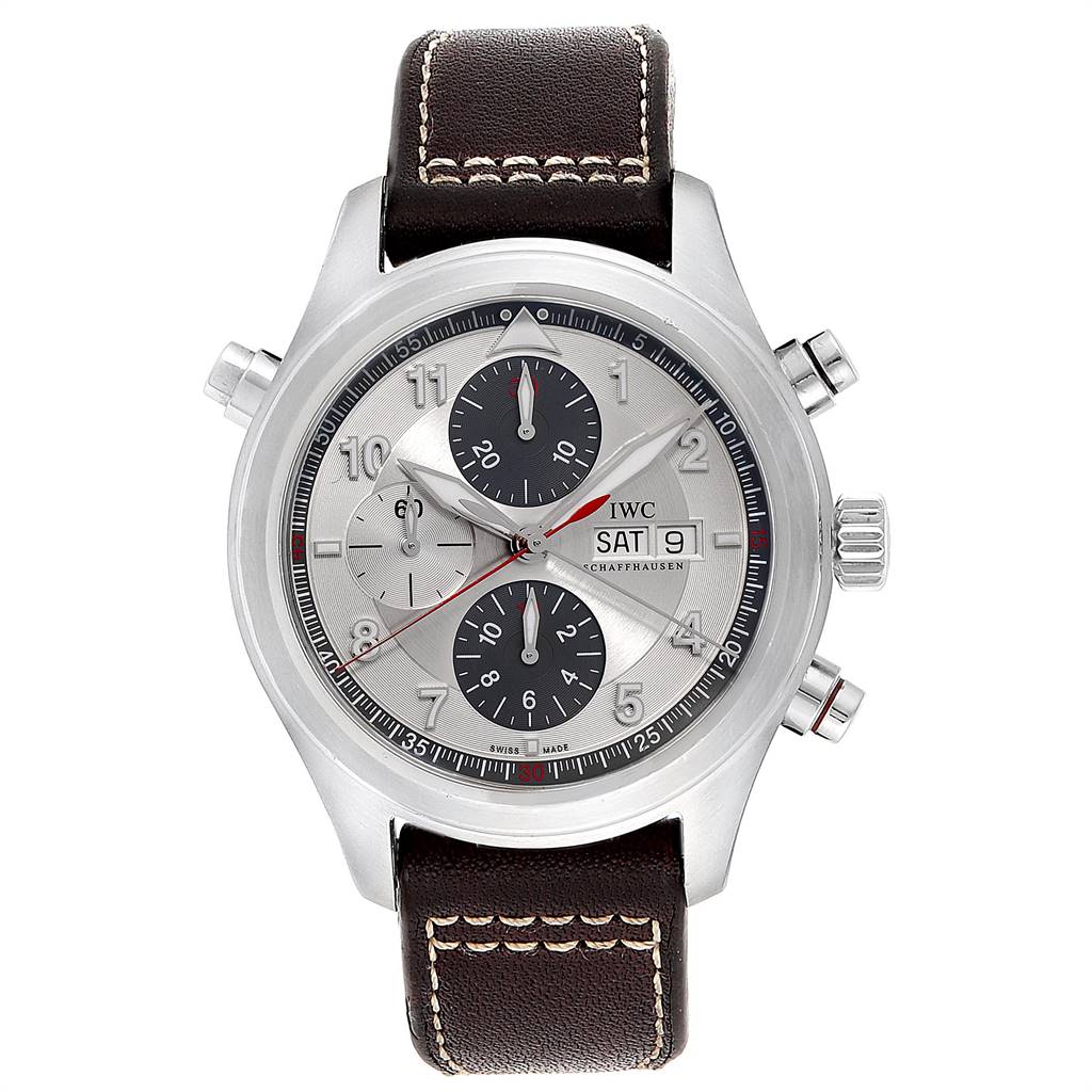 The photo shows a front view of the IWC Pilot IW3253005 Men's Stainless Steel Silver Dial IW3253005 Men's Stainless Steel Silver Dial watch model, highlighting the dial, chronograph sub-dials, and leather strap.