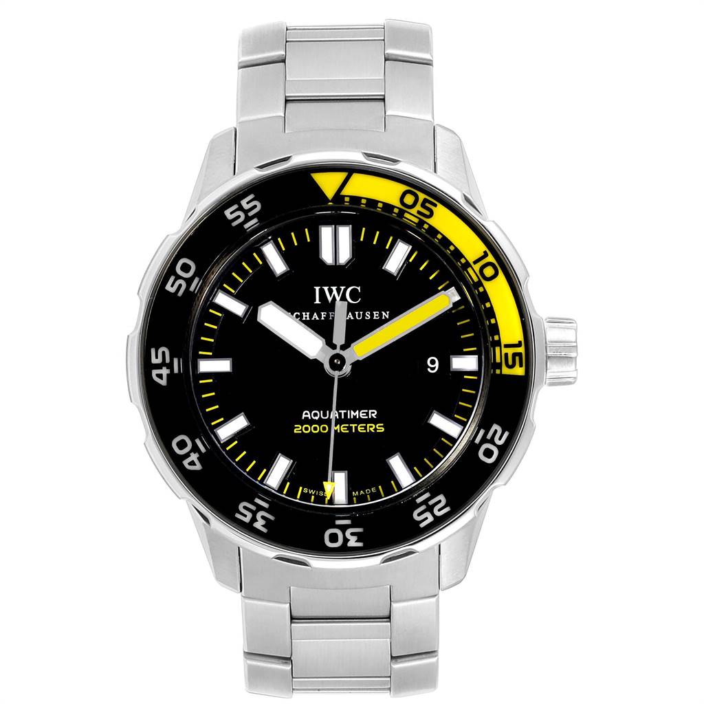 The IWC Aquatimer IW356801 Men
s Stainless Steel Black Dial IW356801 Men
s Stainless Steel Black Dial watch is shown from a front angle, displaying the dial, bezel, and bracelet.