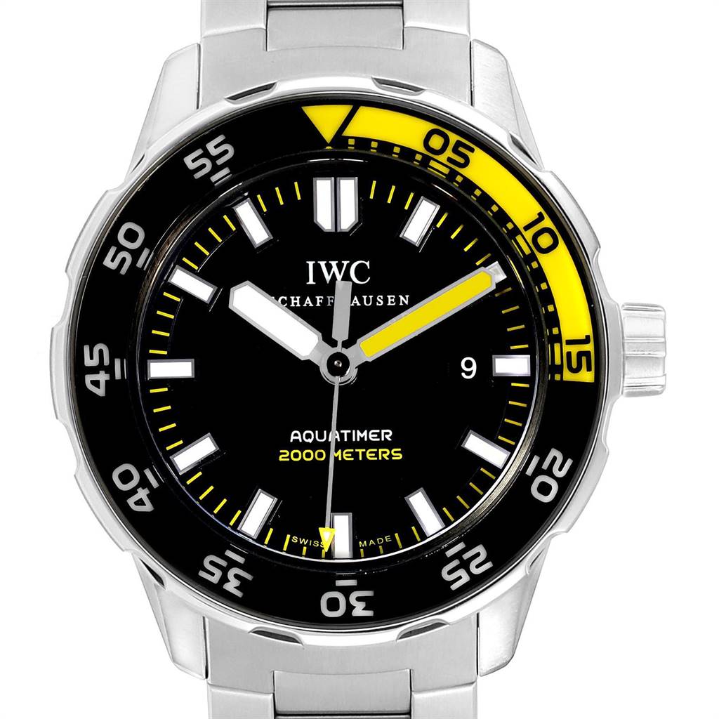 The image shows a frontal view of the IWC Aquatimer IW356801 Men
s Stainless Steel Black Dial IW356801 Men
s Stainless Steel Black Dial watch, highlighting its dial, bezel, and part of its metal bracelet.