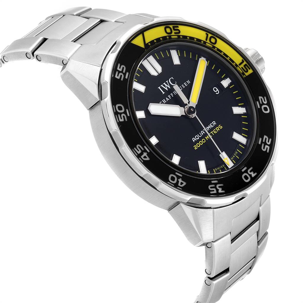 The IWC Aquatimer IW356801 Men
s Stainless Steel Black Dial IW356801 Men
s Stainless Steel Black Dial watch is shown at a three-quarters front angle, highlighting its face, bezel, and metal band.