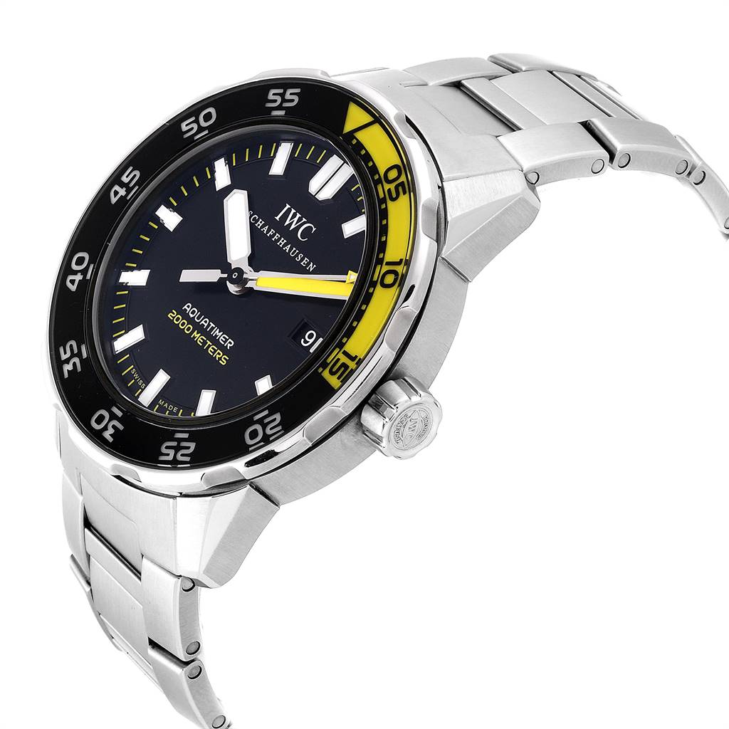 The IWC Aquatimer IW356801 Men
s Stainless Steel Black Dial IW356801 Men
s Stainless Steel Black Dial watch is shown at a slight side angle, displaying its stainless steel bracelet, black dial, and bezel with yellow accents.