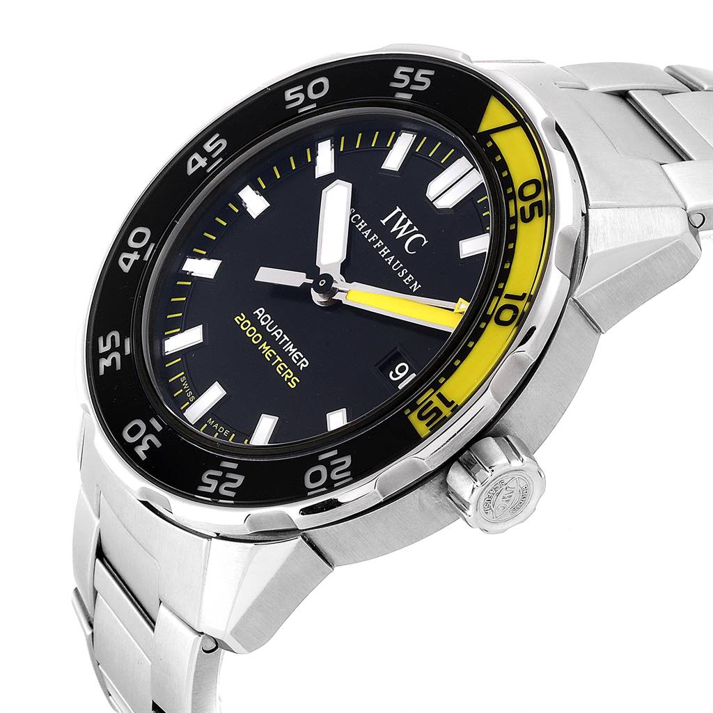 This image shows a side angle view of an IWC Aquatimer IW356801 Men
s Stainless Steel Black Dial IW356801 Men
s Stainless Steel Black Dial watch, highlighting the bezel, dial, and stainless steel bracelet.