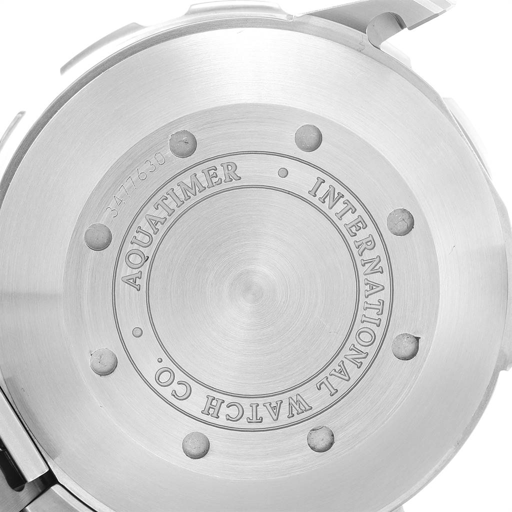 The image shows the back case of the IWC Aquatimer IW356801 Men
s Stainless Steel Black Dial IW356801 Men
s Stainless Steel Black Dial watch from a top-down angle.
