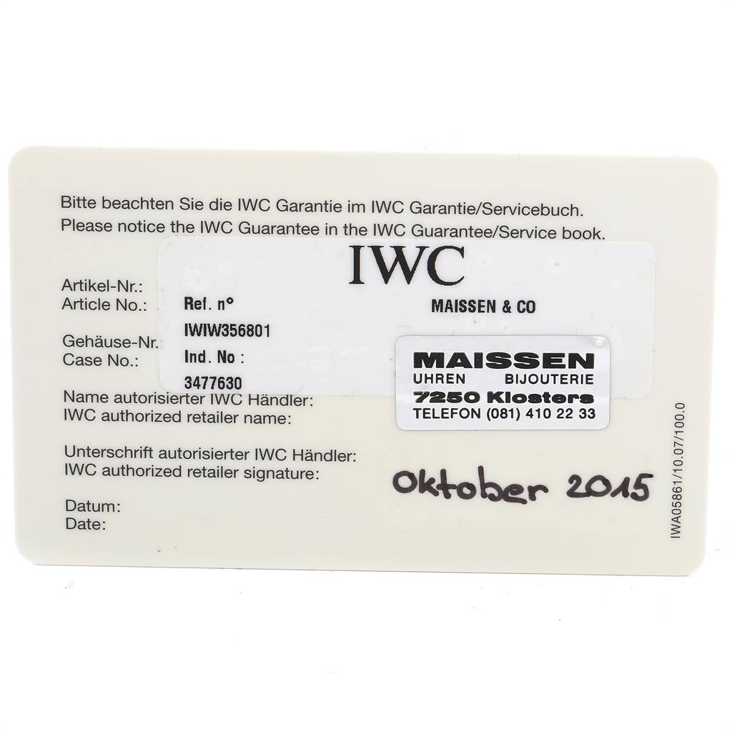 The image shows a warranty card for the IWC Aquatimer IW356801 Men
s Stainless Steel Black Dial IW356801 Men
s Stainless Steel Black Dial model, displaying reference number, case number, and retailer information.