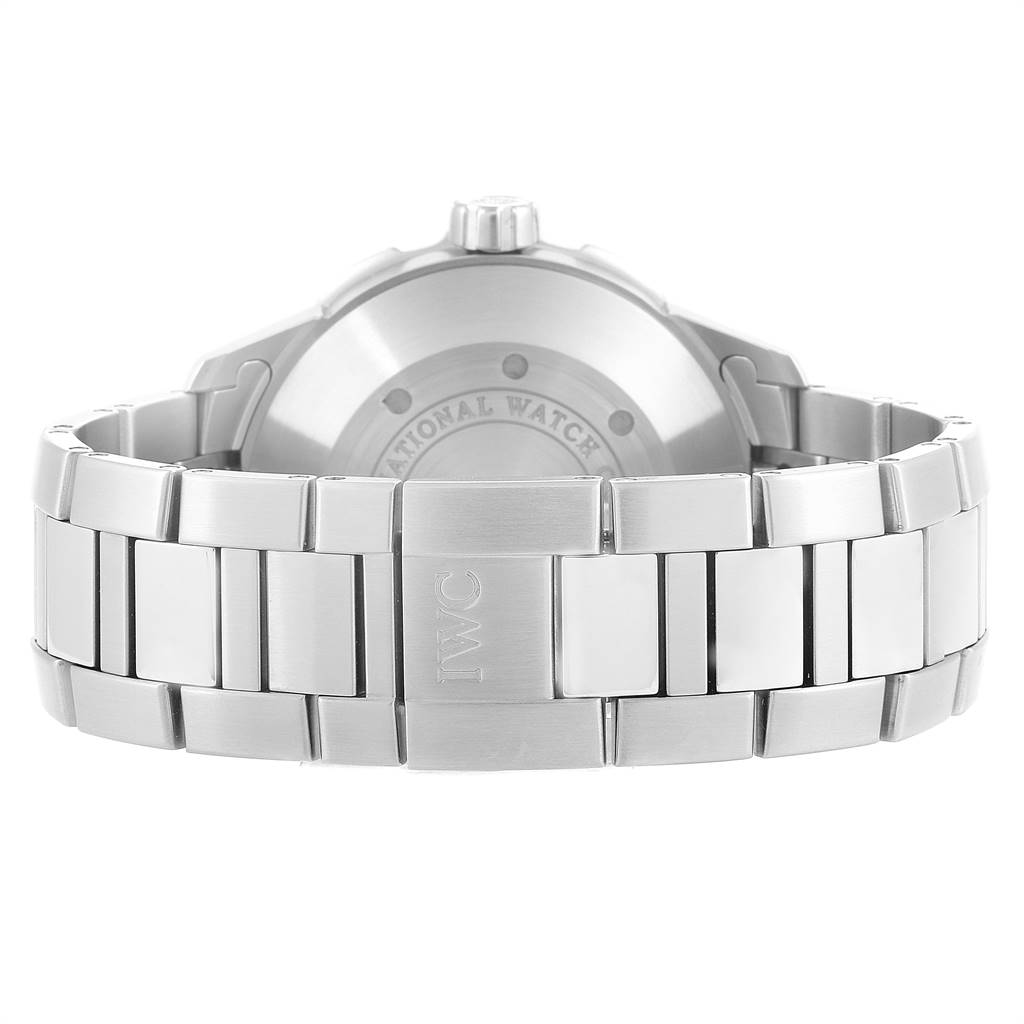 The image shows the back view and metal bracelet of the IWC Aquatimer IW356801 Men
s Stainless Steel Black Dial IW356801 Men
s Stainless Steel Black Dial watch.