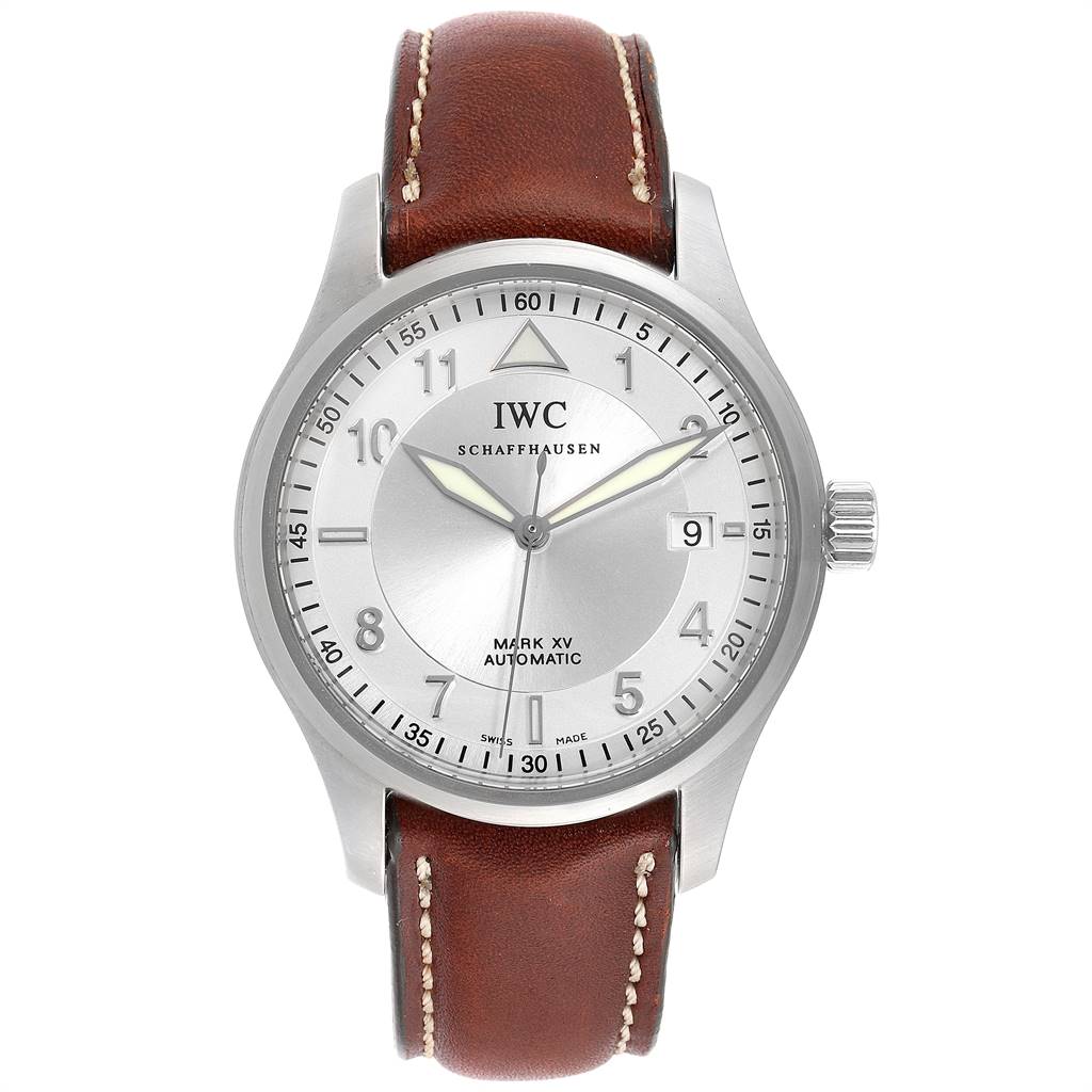 The image shows a front view of the IWC Pilot IW325313 Men's Stainless Steel Silver Dial IW325313 Men's Stainless Steel Silver Dial Mark XV watch, featuring a silver dial and brown leather strap.