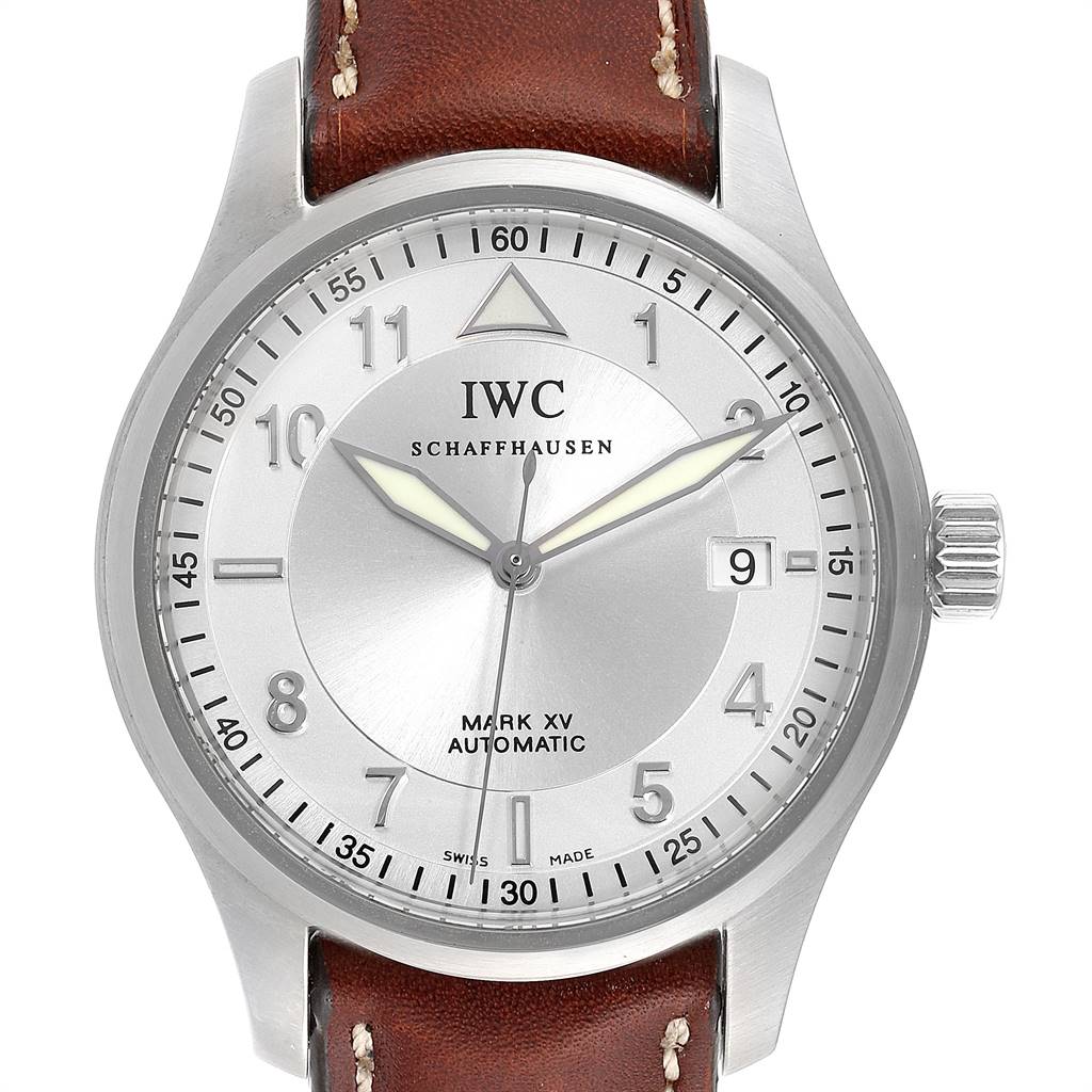 This image shows the front face of the IWC Pilot IW325313 Men's Stainless Steel Silver Dial IW325313 Men's Stainless Steel Silver Dial Mark XV Automatic watch, including the dial, crown, and leather strap.