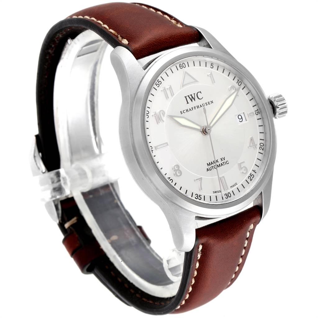 This image shows a side view of the IWC Pilot IW325313 Men's Stainless Steel Silver Dial IW325313 Men's Stainless Steel Silver Dial Mark XV watch, highlighting its dial, case, crown, and leather strap.