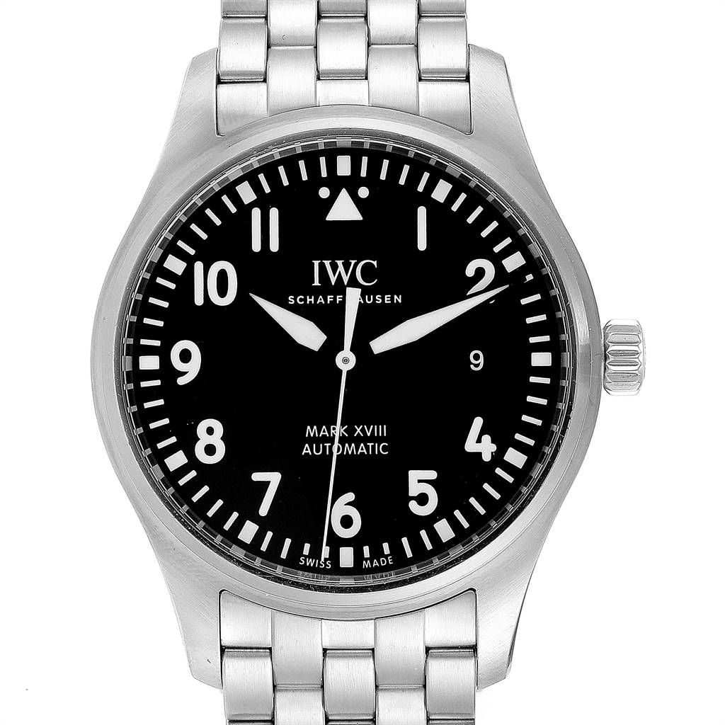 This image shows a front view of an IWC Pilot IW327015 Men's Stainless Steel Black Dial IW327015 Men's Stainless Steel Black Dial Mark XVIII Automatic watch, detailing the dial, case, and part of the bracelet.