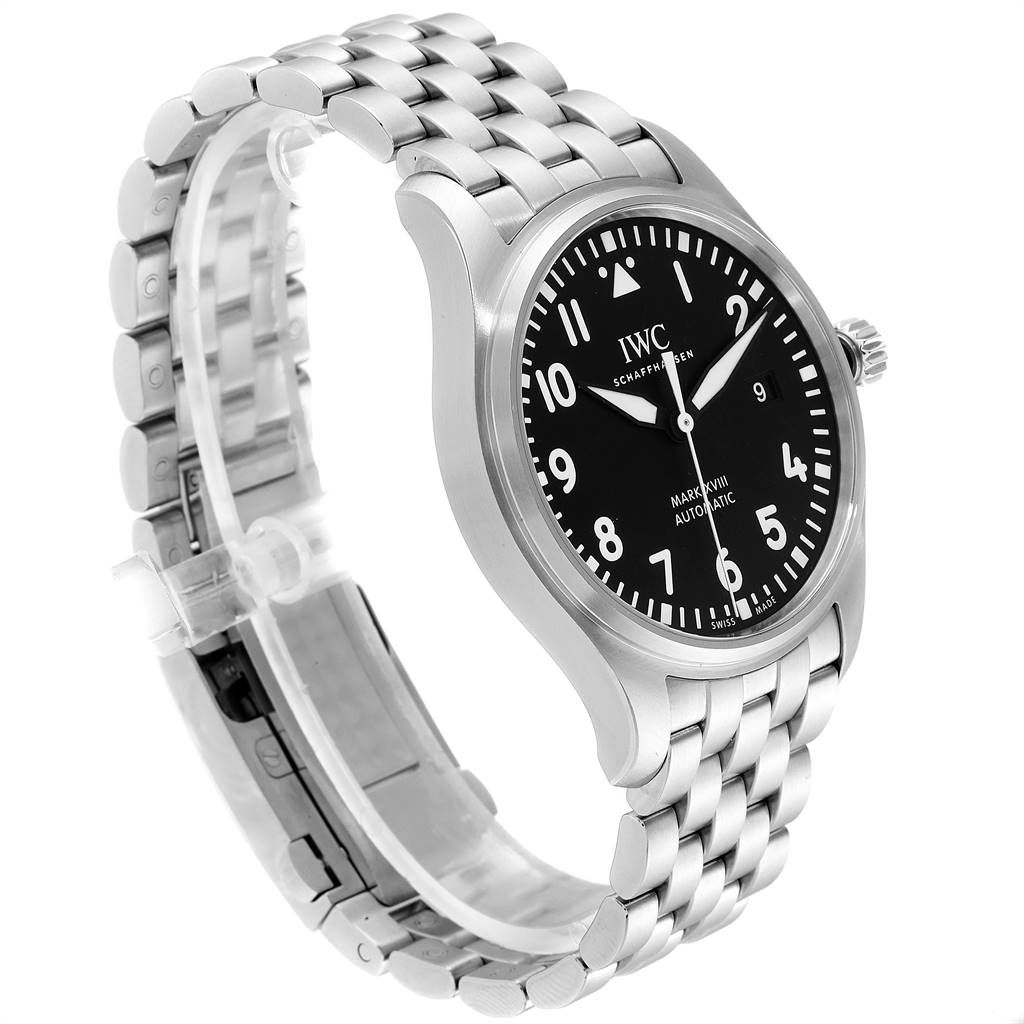The IWC Pilot IW327015 Men's Stainless Steel Black Dial IW327015 Men's Stainless Steel Black Dial watch is shown from a side angle, displaying its stainless steel case and bracelet.
