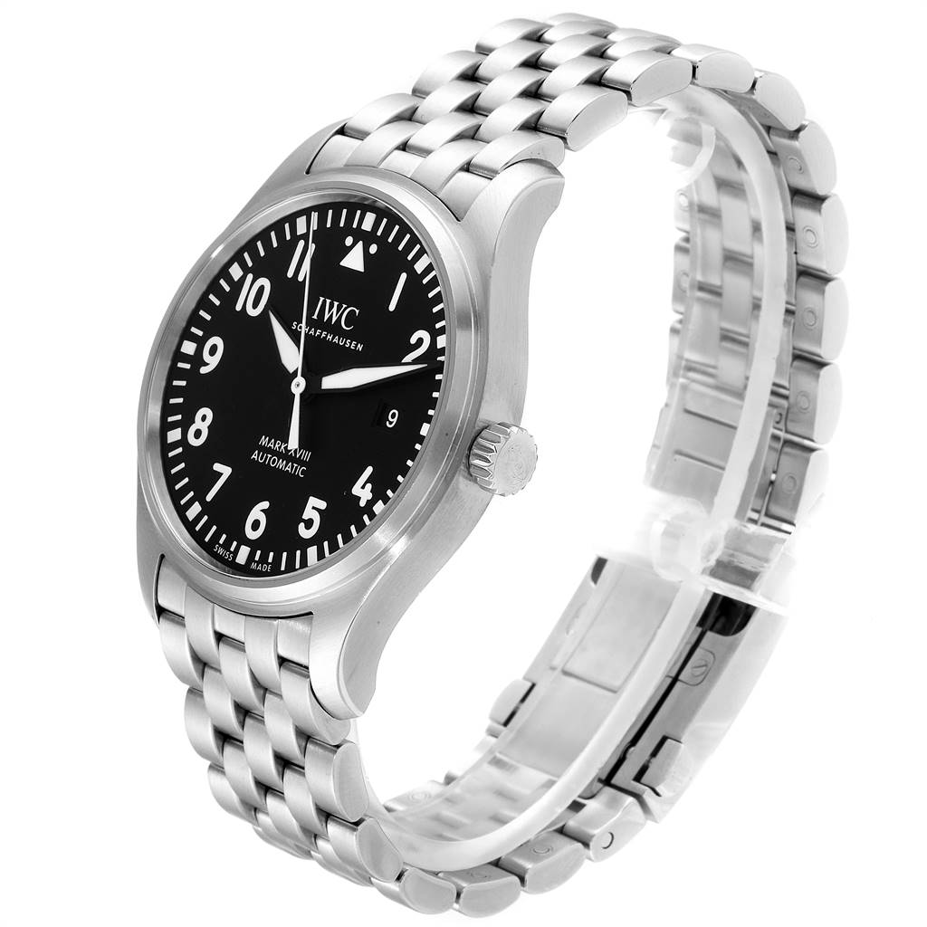 The image shows a side angle view of the IWC Pilot IW327015 Men's Stainless Steel Black Dial IW327015 Men's Stainless Steel Black Dial Mark XVIII watch, highlighting the dial, crown, and metal bracelet.