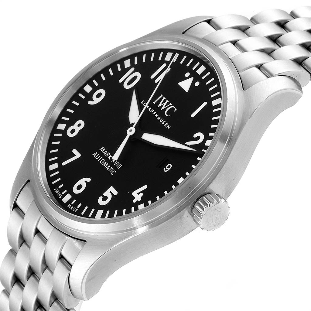 The IWC Pilot IW327015 Men's Stainless Steel Black Dial IW327015 Men's Stainless Steel Black Dial Mark XVIII watch is shown at an angle, displaying the face, crown, and part of the bracelet.