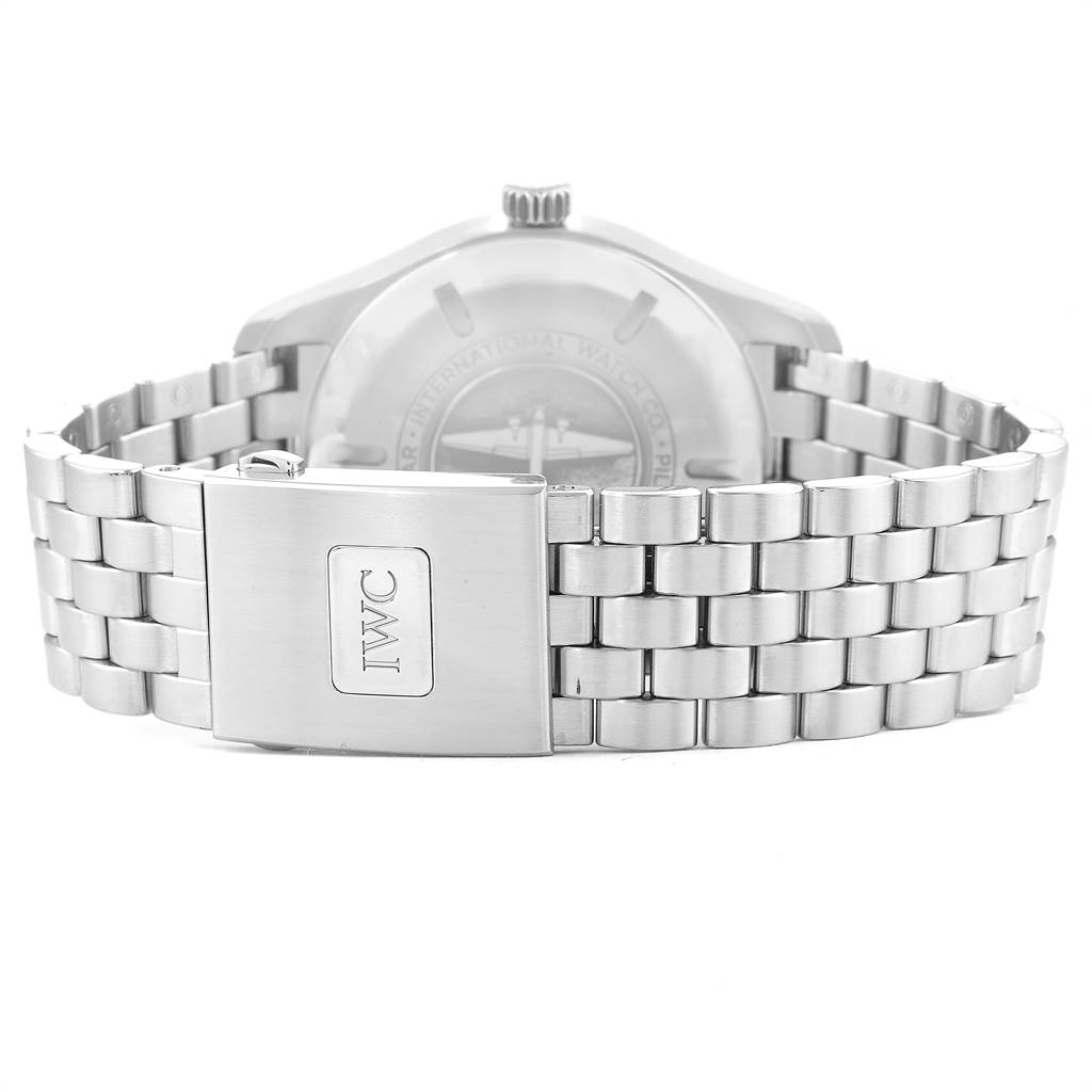 The image shows the rear angle of an IWC Pilot IW327015 Men's Stainless Steel Black Dial IW327015 Men's Stainless Steel Black Dial model watch, focusing on its metal bracelet and clasp.