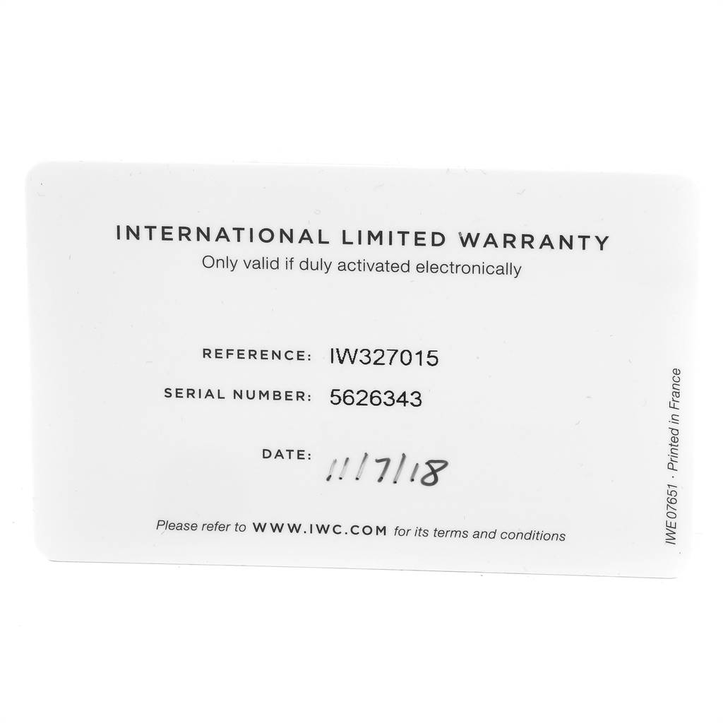This image shows the international limited warranty card for the IWC Pilot IW327015 Men's Stainless Steel Black Dial IW327015 Men's Stainless Steel Black Dial model IW327015 watch.