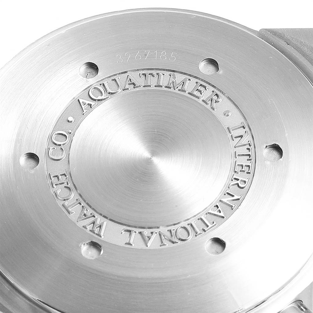 The image shows the back casing of an IWC Aquatimer IW371928 Men's Stainless Steel Black Dial IW371928 Men's Stainless Steel Black Dial watch, displaying engraved branding and model details.