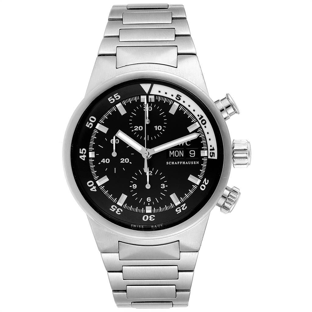 The image shows a front view of the IWC Aquatimer IW371928 Men's Stainless Steel Black Dial IW371928 Men's Stainless Steel Black Dial watch, displaying its black dial, chronographs, day/date display, and stainless steel bracelet.