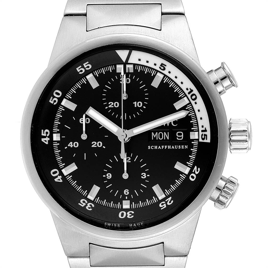 The image shows a front view of the IWC Aquatimer IW371928 Men's Stainless Steel Black Dial IW371928 Men's Stainless Steel Black Dial watch, highlighting its dial, chronograph sub-dials, crown, pushers, and part of the bracelet.