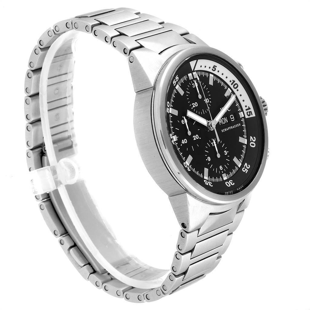 The image shows an IWC Aquatimer IW371928 Men's Stainless Steel Black Dial IW371928 Men's Stainless Steel Black Dial watch from a slight angle, showcasing its stainless steel bracelet and black chronograph dial.