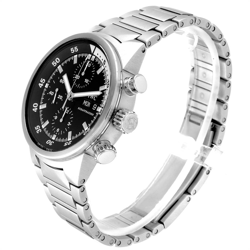 This IWC Aquatimer IW371928 Men's Stainless Steel Black Dial IW371928 Men's Stainless Steel Black Dial watch is shown from a three-quarter angle, highlighting the face, crown, pushers, and bracelet.