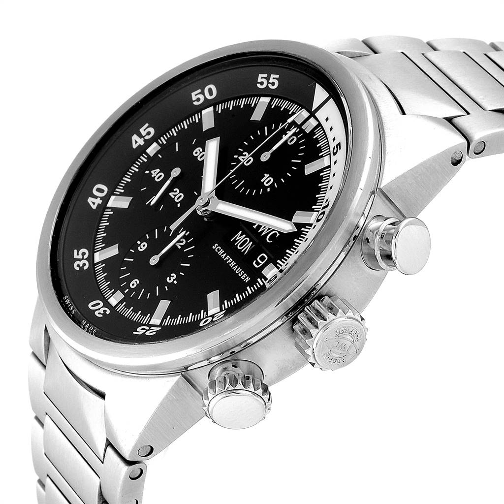 The image shows a side angle of the IWC Aquatimer IW371928 Men's Stainless Steel Black Dial IW371928 Men's Stainless Steel Black Dial watch highlighting the dial, crown, pushers, and metal bracelet.