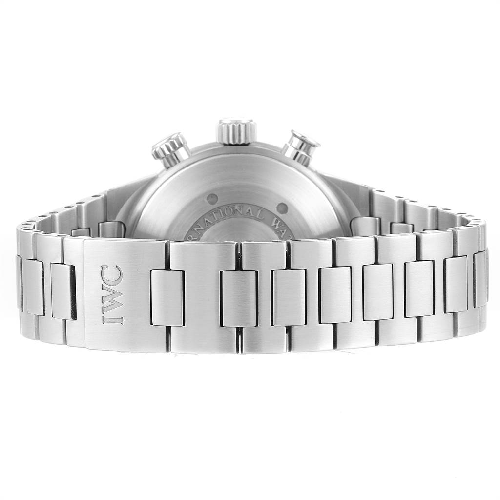 The image shows the back and stainless steel bracelet of an IWC Aquatimer IW371928 Men's Stainless Steel Black Dial IW371928 Men's Stainless Steel Black Dial watch, highlighting the clasp with the "IWC" logo and the case back.