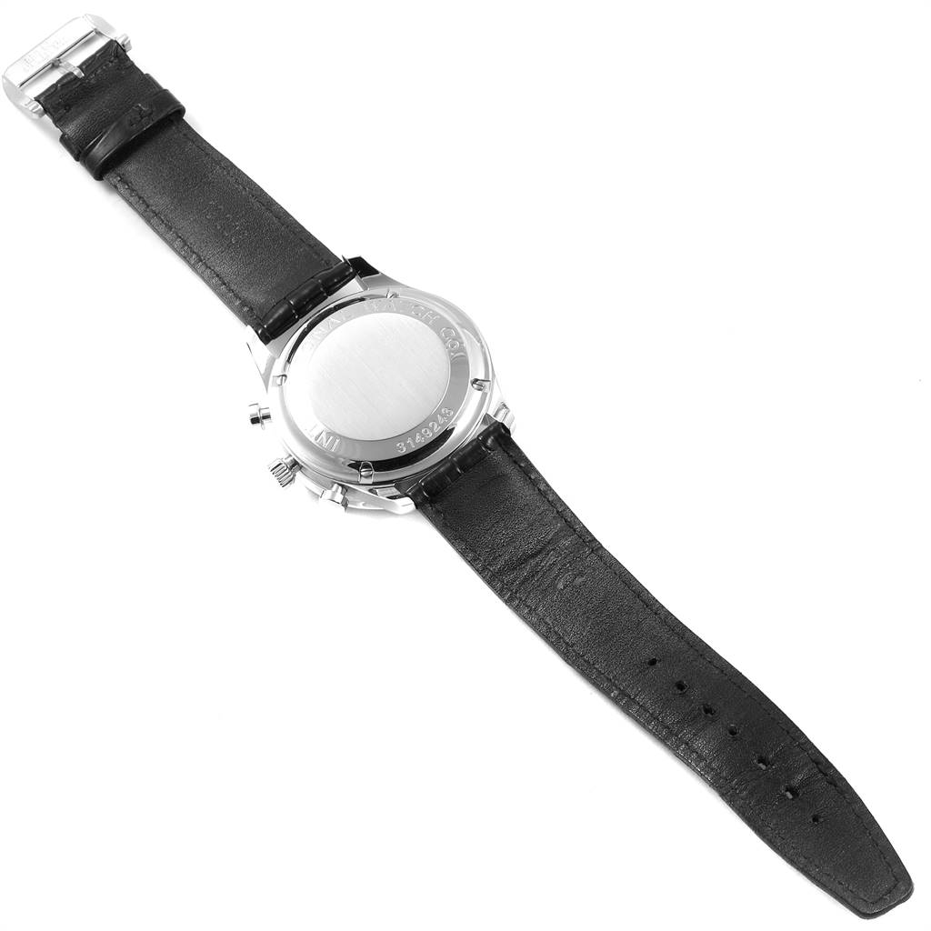 The image shows the back side of an IWC Portuguese IW371401 Men's Stainless Steel Silver Dial IW371401 Men's Stainless Steel Silver Dial model watch, including its case back and leather strap.