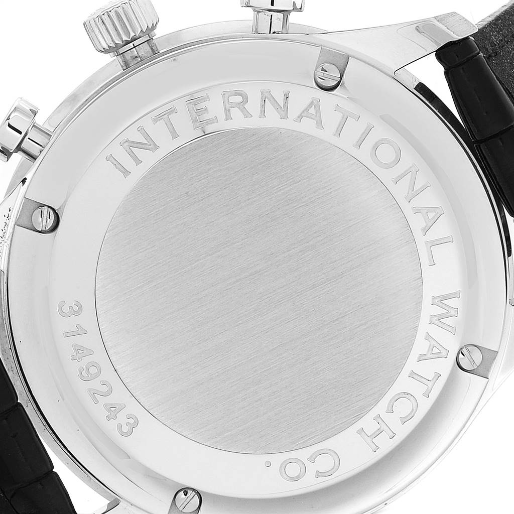 This image shows the back case of an IWC Portuguese IW371401 Men's Stainless Steel Silver Dial IW371401 Men's Stainless Steel Silver Dial model watch, displaying the brand's engraving and serial number.