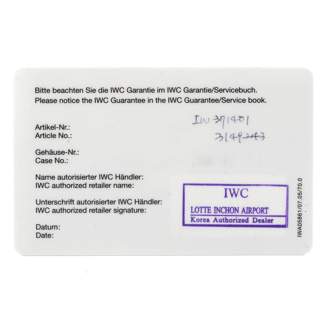 This is the guarantee and service card for the Portuguese model by IWC, showing article and case numbers along with retailer details.