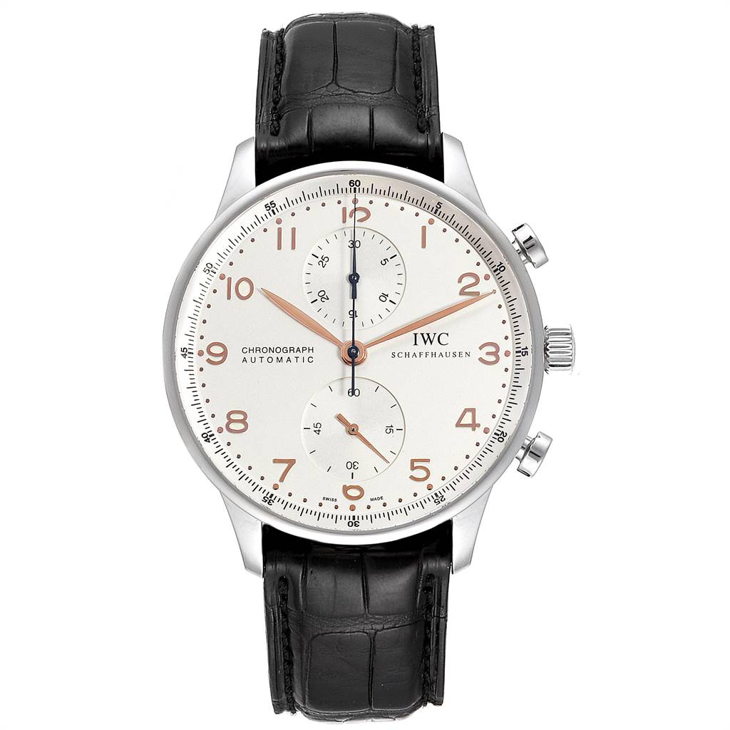 The image shows a front view of an IWC Portuguese IW371401 Men's Stainless Steel Silver Dial IW371401 Men's Stainless Steel Silver Dial Chronograph watch with a black leather strap and silver case.