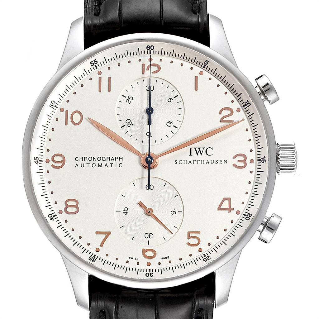 Front view of an IWC Portuguese IW371401 Men's Stainless Steel Silver Dial IW371401 Men's Stainless Steel Silver Dial model watch showing the dial, chronograph subdials, and crown.