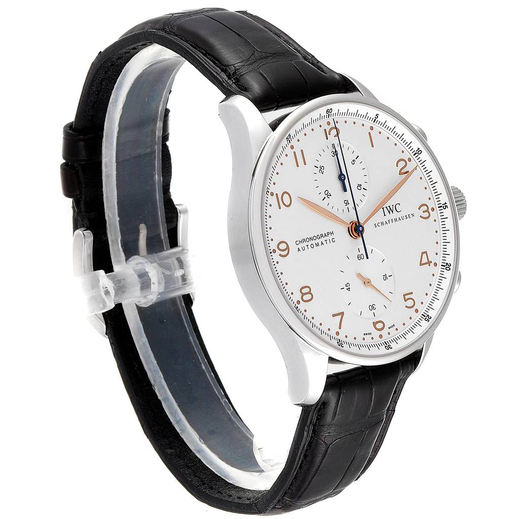 The image shows the IWC Portuguese IW371401 Men's Stainless Steel Silver Dial IW371401 Men's Stainless Steel Silver Dial model watch at a three-quarter angle, highlighting the dial, case, crown, and strap.