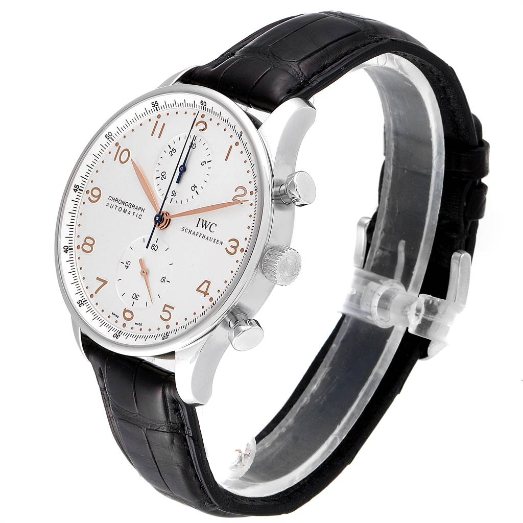 The image shows an IWC Portuguese IW371401 Men's Stainless Steel Silver Dial IW371401 Men's Stainless Steel Silver Dial model watch angled from the front-left, featuring the face, crown, and part of the strap.