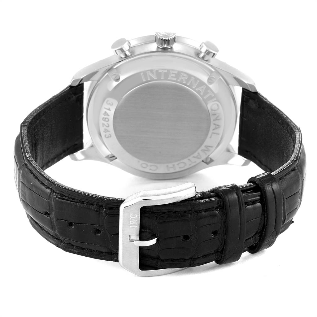 The image shows the back case, crown, and strap of the IWC Portuguese IW371401 Men's Stainless Steel Silver Dial IW371401 Men's Stainless Steel Silver Dial watch.