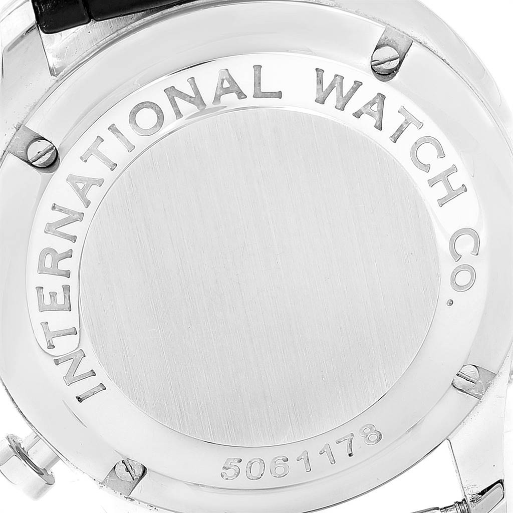 The image shows the back case of an IWC Portuguese IW371446 Men's Stainless Steel Silver Dial IW371446 Men's Stainless Steel Silver Dial model watch, displaying branding and a serial number.