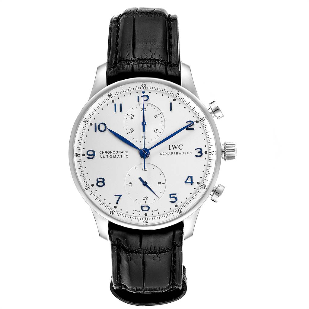 The image shows a front view of an IWC Portuguese IW371446 Men's Stainless Steel Silver Dial IW371446 Men's Stainless Steel Silver Dial model watch, displaying its face, dials, crown, and leather strap.