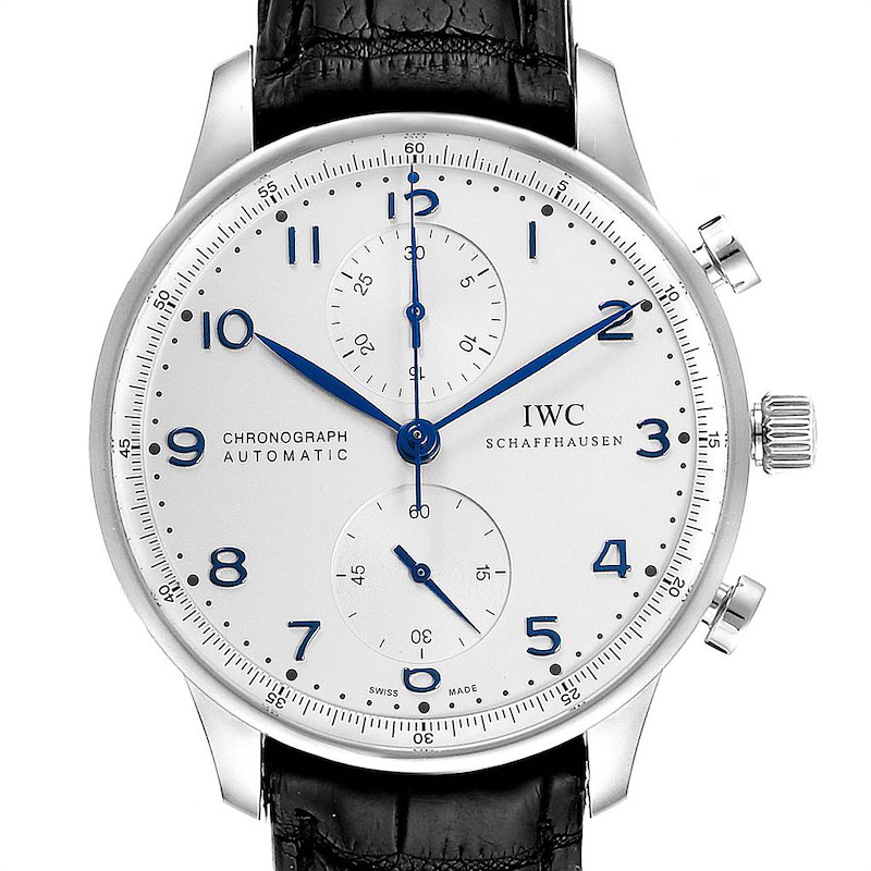 IWC Portuguese Chrono Silver Dial Blue Hands Steel Mens Watch IW371446 SwissWatchExpo