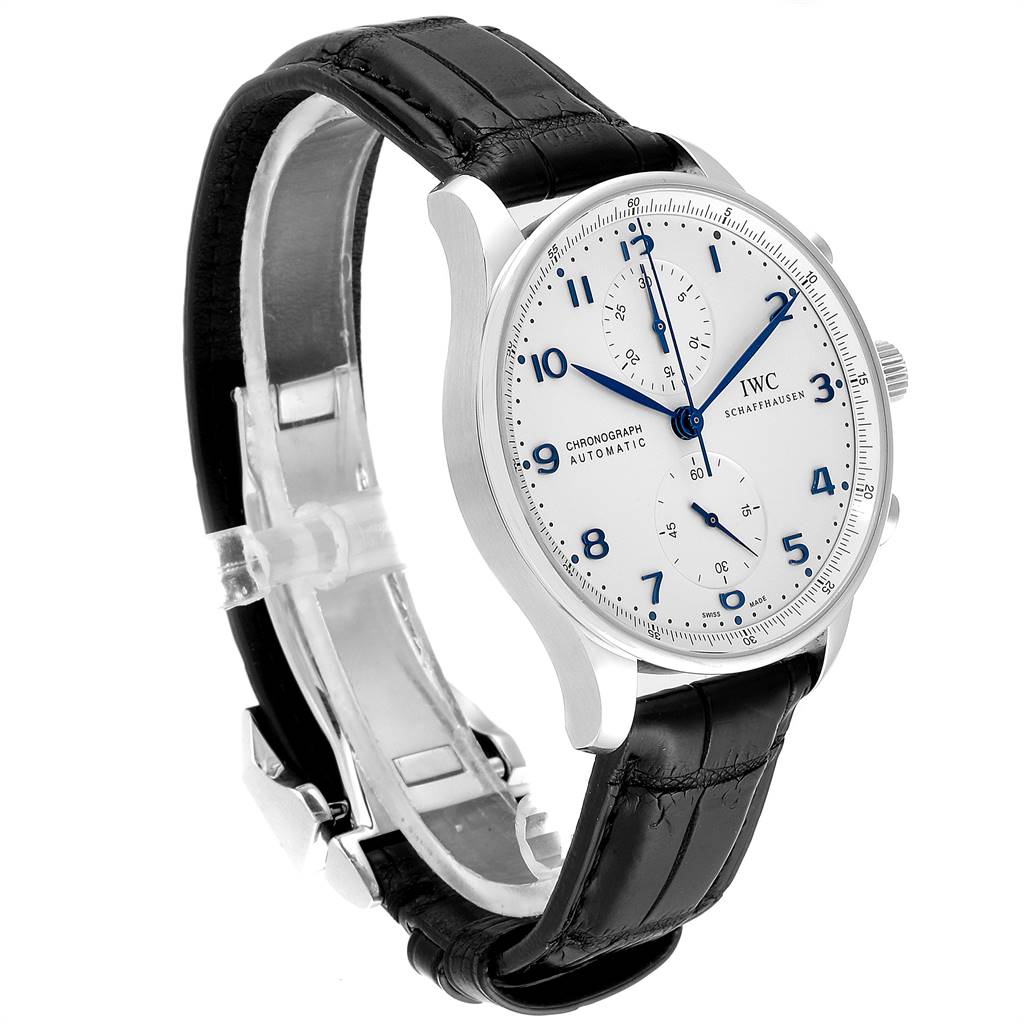 The image shows an IWC Portuguese IW371446 Men's Stainless Steel Silver Dial IW371446 Men's Stainless Steel Silver Dial model watch at a slight angle, highlighting the face, case, and leather strap.