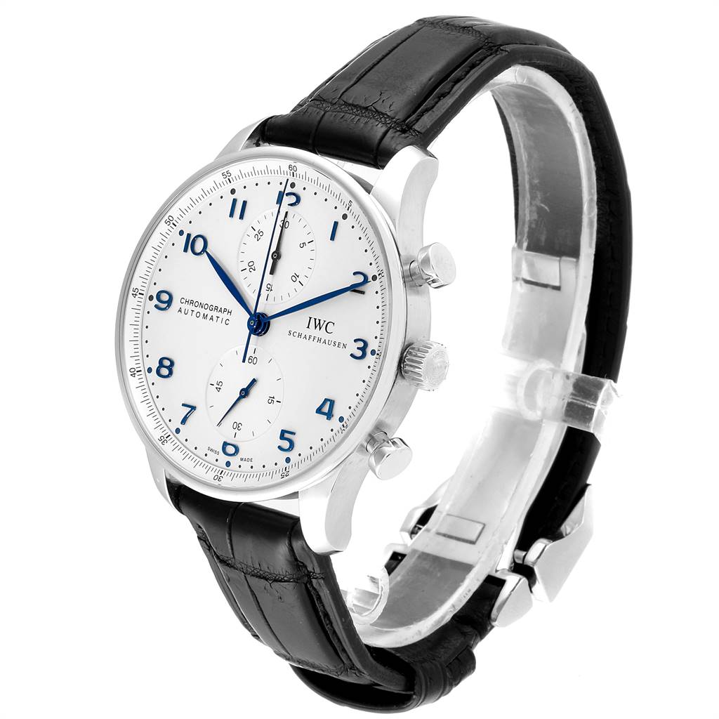 The IWC Portuguese IW371446 Men's Stainless Steel Silver Dial IW371446 Men's Stainless Steel Silver Dial model watch is shown at a three-quarters angle, highlighting its dial, case, crown, and leather strap.