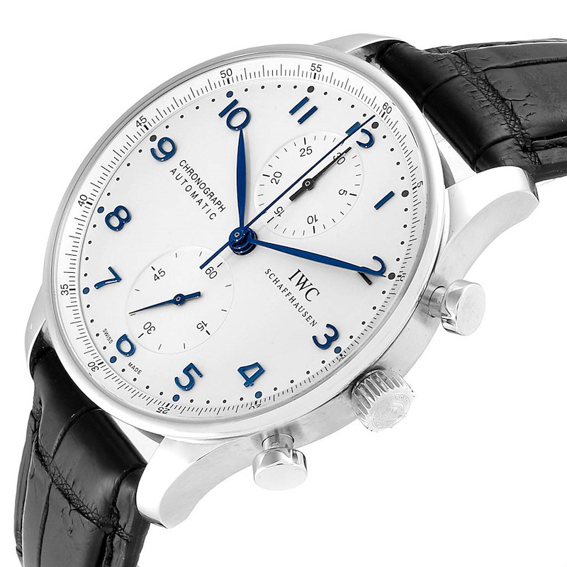 IWC Portuguese Chrono Silver Dial Blue Hands Steel Mens Watch IW371446 ...