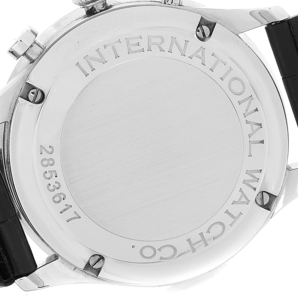 This image shows the back case of the Portuguese model watch by IWC, displaying its serial number and brand engraving.