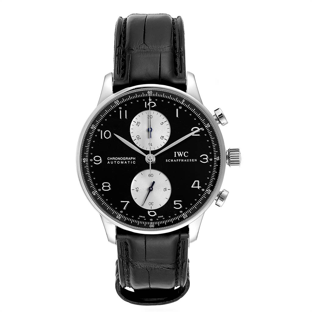 The image shows a front view of the IWC Portuguese IW371404 Men's Stainless Steel Black Dial IW371404 Men's Stainless Steel Black Dial Chronograph watch with its dial, crown, and pushers visible.