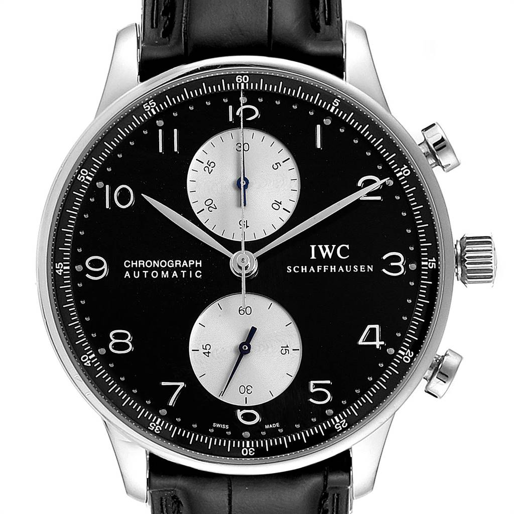 This image shows the front view of an IWC Portuguese IW371404 Men's Stainless Steel Black Dial IW371404 Men's Stainless Steel Black Dial Chronograph watch, highlighting its dial, subdials, and side pushers.