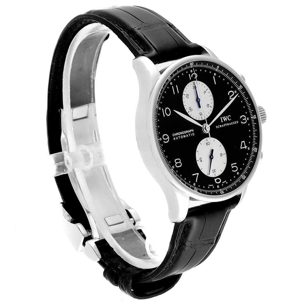 The image shows a side angle view of the IWC Portuguese IW371404 Men's Stainless Steel Black Dial IW371404 Men's Stainless Steel Black Dial model watch, highlighting its face, crown, and black leather strap.