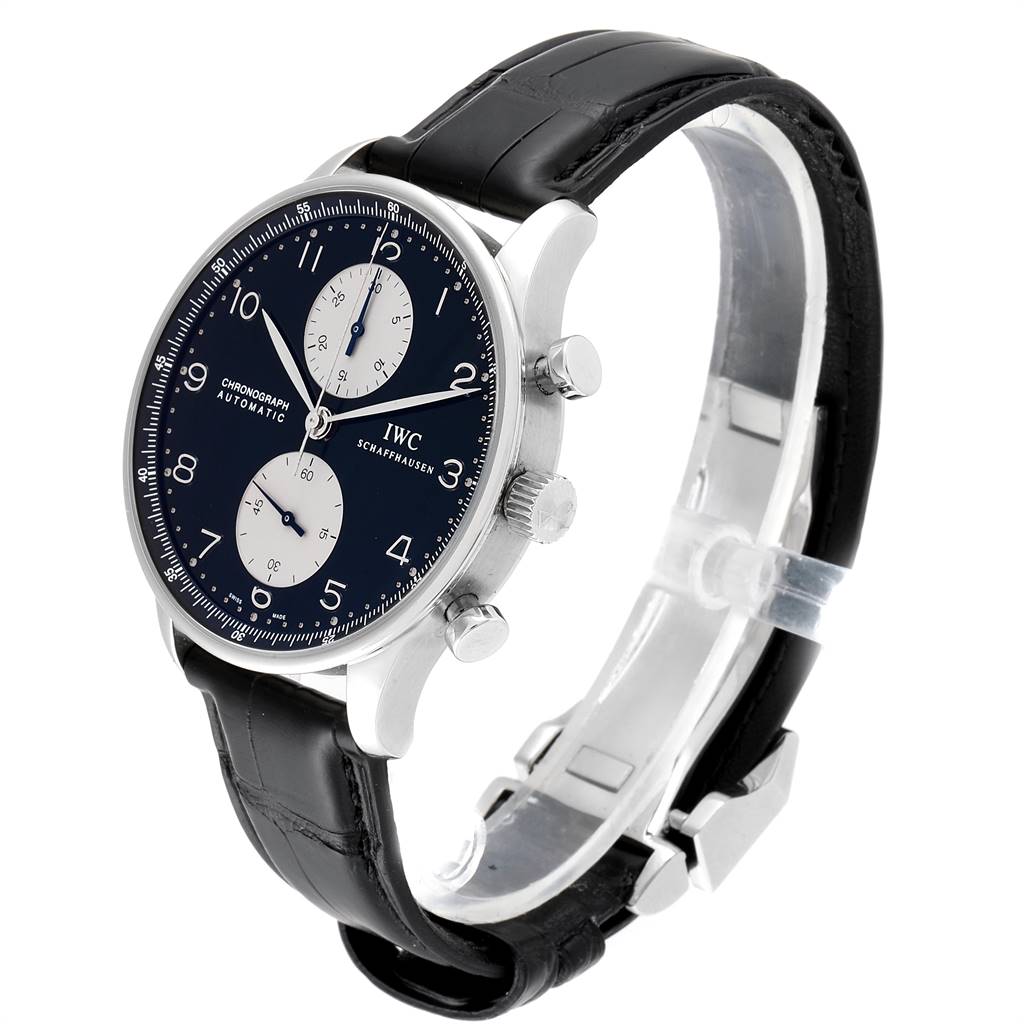 This image shows a side view and partial front view of an IWC Portuguese IW371404 Men's Stainless Steel Black Dial IW371404 Men's Stainless Steel Black Dial model watch with a black leather strap and a blue dial.