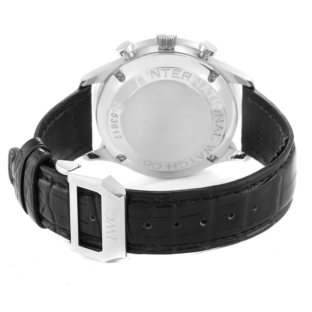 The image shows the back of the IWC Portuguese IW371404 Men's Stainless Steel Black Dial IW371404 Men's Stainless Steel Black Dial watch and its black leather strap with an IWC buckle.