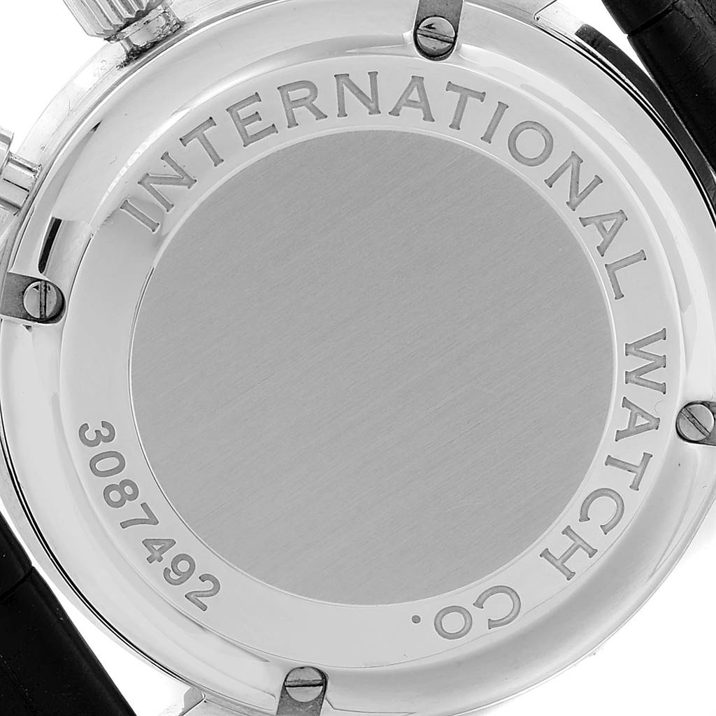 This image shows the back case of an IWC Portuguese IW371404 Men's Stainless Steel Black Dial IW371404 Men's Stainless Steel Black Dial model watch, featuring the brand inscription and a serial number.