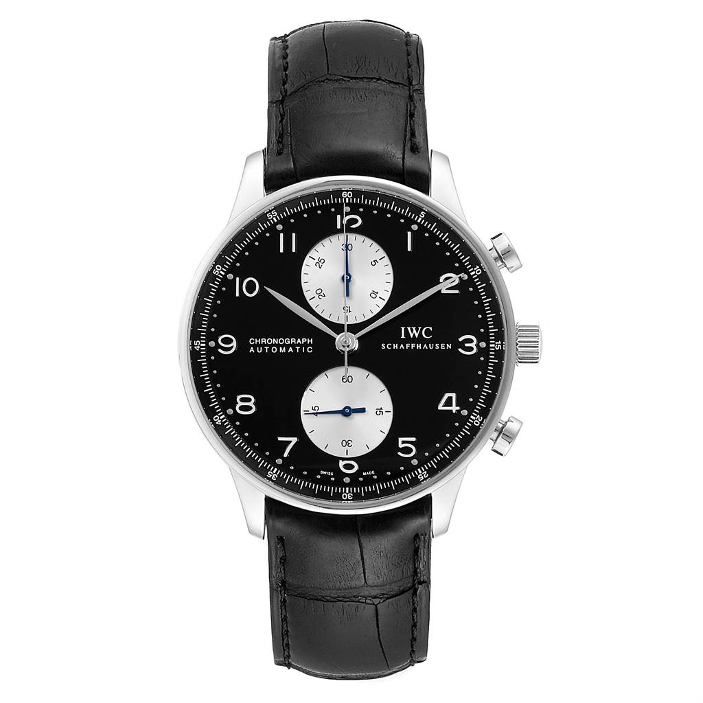 The image shows a front view of the IWC Portuguese IW371404 Men's Stainless Steel Black Dial IW371404 Men's Stainless Steel Black Dial Chronograph watch with a black dial and black leather strap.