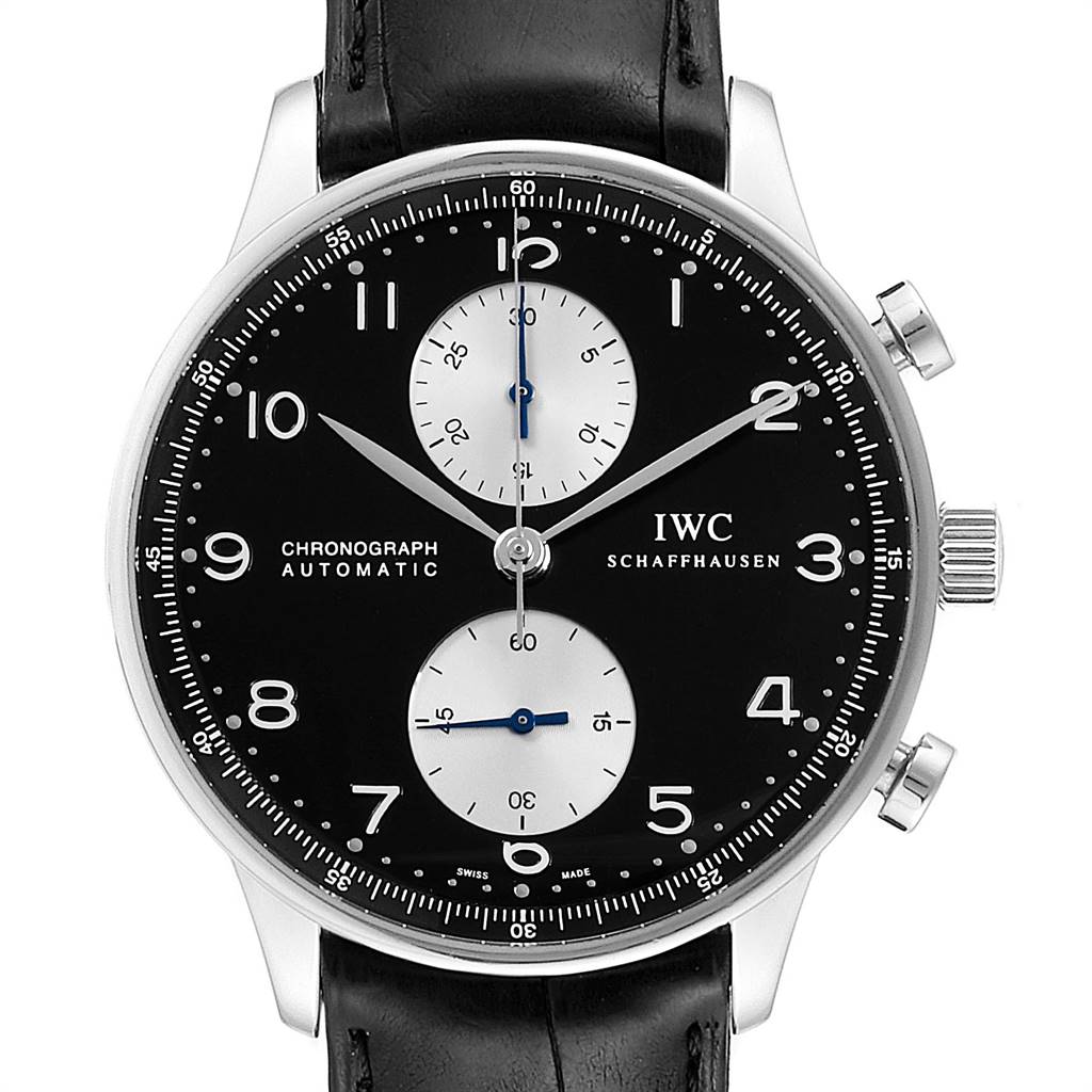 The image shows a front view of an IWC Portuguese IW371404 Men's Stainless Steel Black Dial IW371404 Men's Stainless Steel Black Dial Chronograph watch, displaying its black dial and white subdials.