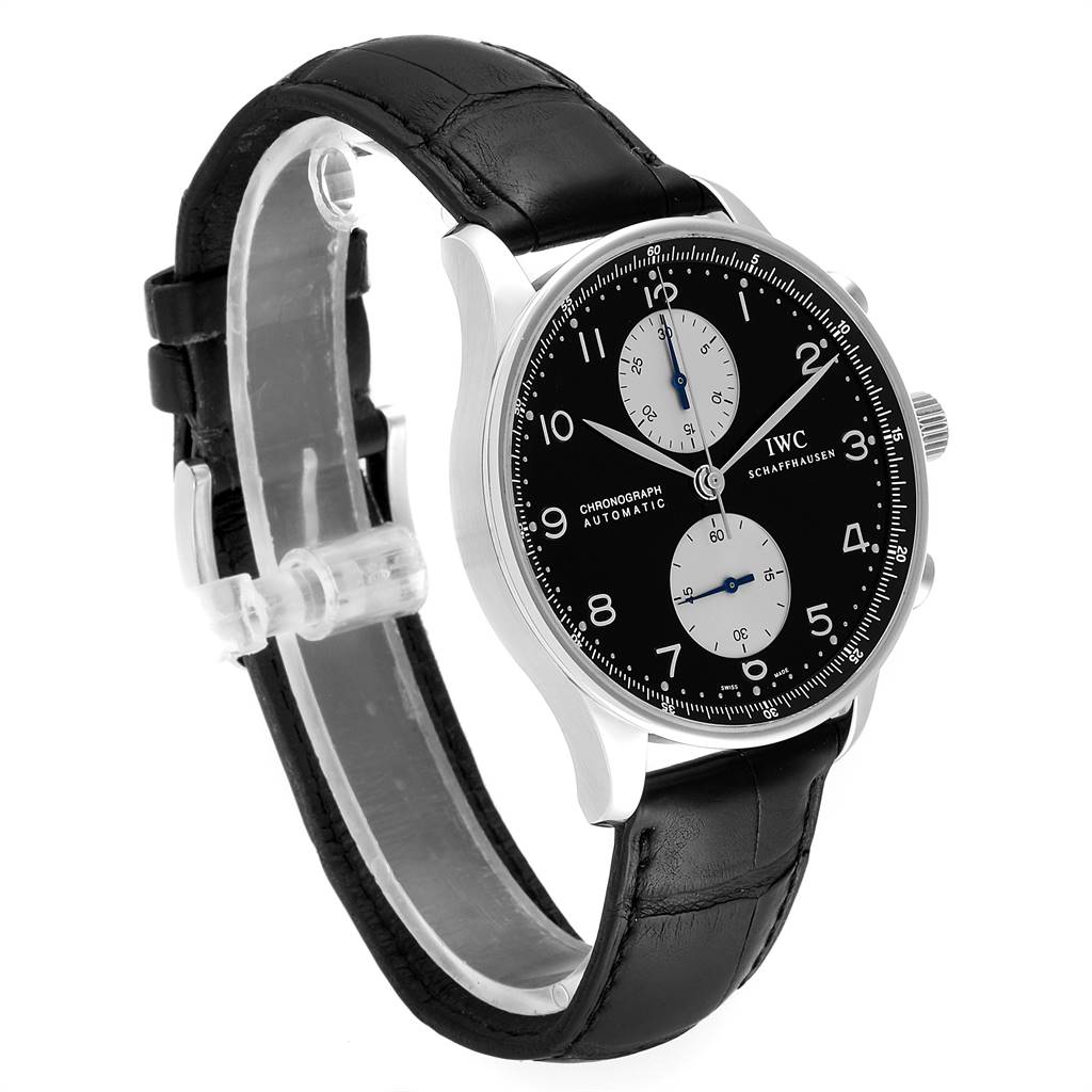 This image shows an IWC Portuguese IW371404 Men's Stainless Steel Black Dial IW371404 Men's Stainless Steel Black Dial model watch from a slightly angled side view, highlighting its black leather strap and black dial.