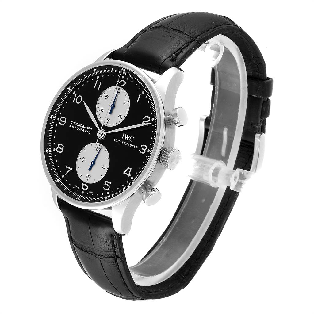 The IWC Portuguese IW371404 Men's Stainless Steel Black Dial IW371404 Men's Stainless Steel Black Dial model watch is shown at an angle displaying the face, chronograph dials, and black leather strap.